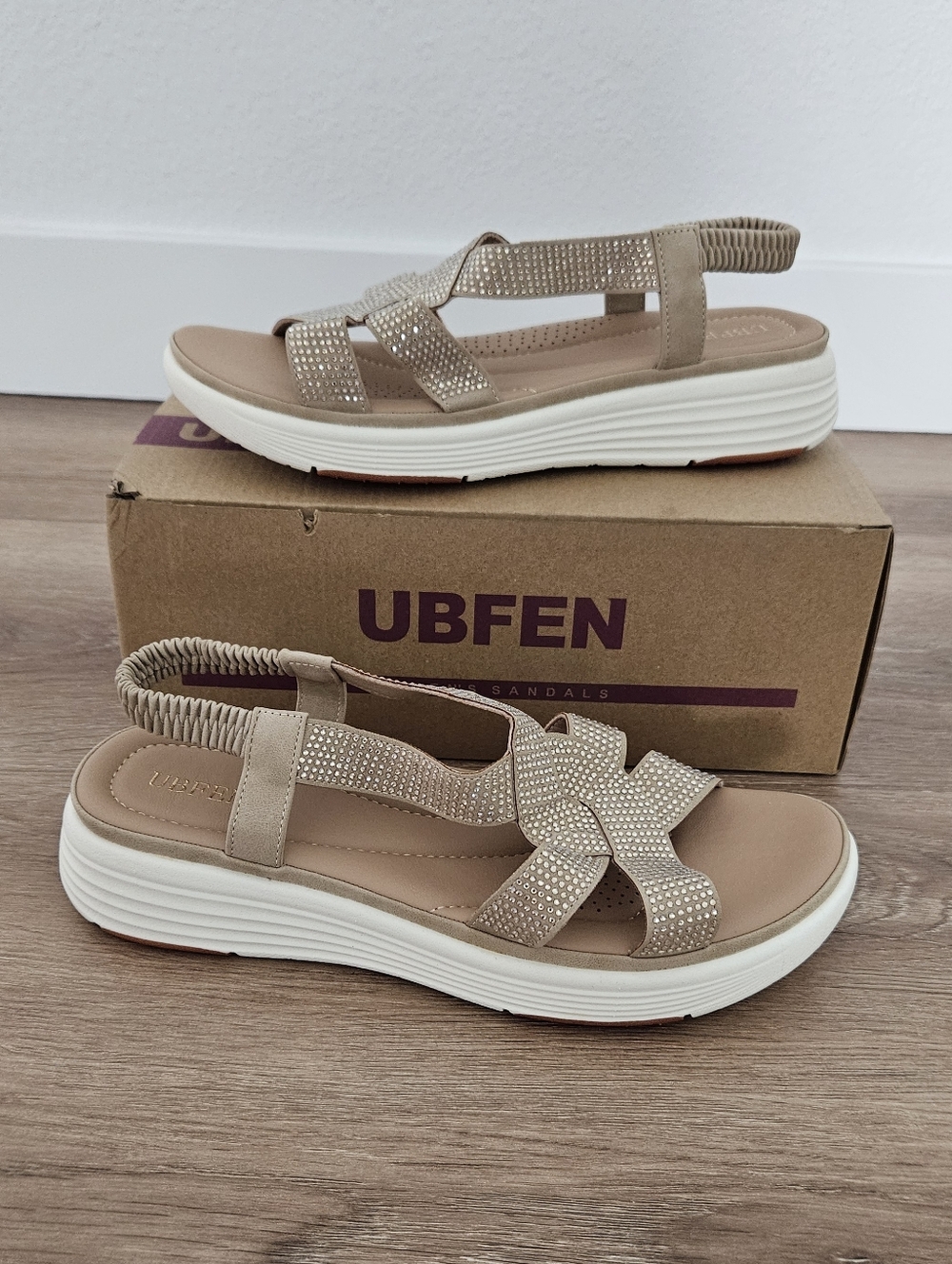UBFEN Beige Sparkly Rhinestone Platform Slingback Sandals Size 10